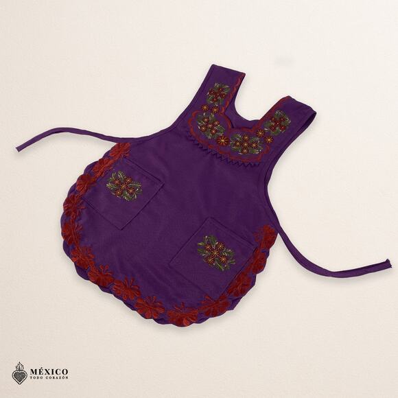 Purple Mexican Embroidered Smock Apron – Floral Traditional Design for Women - Picture 7 of 8